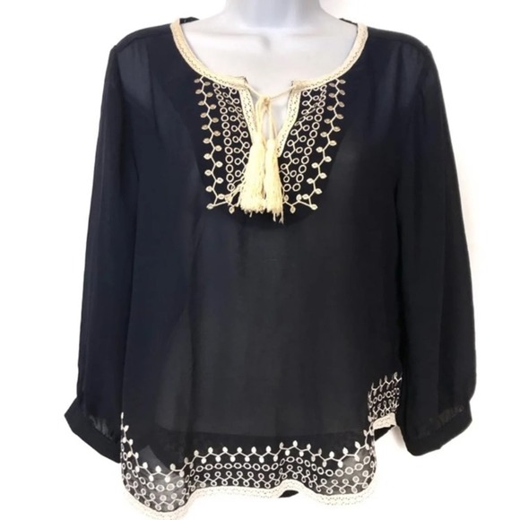 Monteau Navy Sheer Boho Tassel Blouse Small - Picture 1 of 8